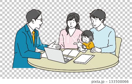 相談をする若い子連れの夫婦と説明をするスーツの男性のイラスト素材 133508066