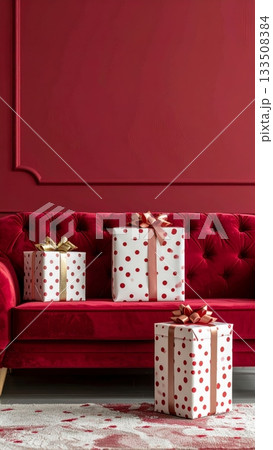 Polka Dot Christmas Gift Boxes on Soft Sofa 133508384