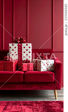 Polka Dot Christmas Gift Boxes on Soft Sofa 133508385