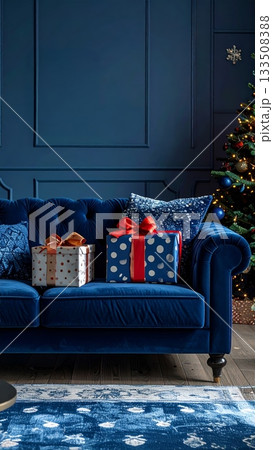 Polka Dot Christmas Gift Boxes on Soft Sofa Polka Dot Christmas Gift Boxes on Soft Sofa 133508388