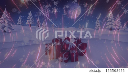 Displaying red gift boxes on snow under moonlight by pine trees with falling snowflakes, copy space Displaying red gift boxes on snow under moonlight by pine trees with falling snowflakes, copy space 133508433