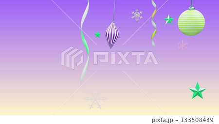 Hanging ornaments in lavender-yellow backdrop with bauble, teardrop, star, ribbons and snowflakes Hanging ornaments in lavender-yellow backdrop with bauble, teardrop, star, ribbons and snowflakes 133508439