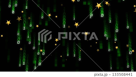 Cascading green binary code streams spanning frame in digital environment, with golden star shapes 133508441