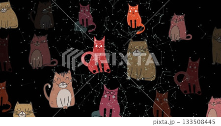 Showing stylized cartoon cats forming repeat motif in cosmic design, with star-dot constellations 133508445