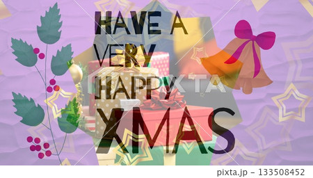 Featuring stack of colorful gift boxes in holiday card design, with holly leaves, golden bells 133508452
