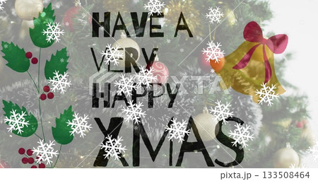 Bold black Xmas greeting text floating on holiday card design, with snowflakes and holly leaves 133508464