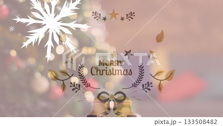 Festive Merry Christmas greeting floating at home, with large snowflake and ribbon bow bells Festive Merry Christmas greeting floating at home, with large snowflake and ribbon bow bells 133508482