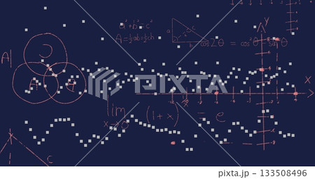 Showing abstract chalkboard illustration on dark blue field, with Venn diagram, triangle and axes 133508496