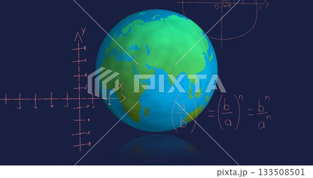 Positioning 3D Earth globe rotating in digital illustration, with Cartesian axes, math equations 133508501