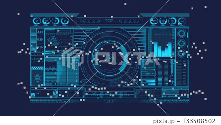 Showing futuristic dashboard monitoring data in digital UI, with circular meter and bar chart 133508502