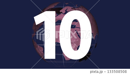 Displaying bold white numeral 10 overlaying pinkish-red globe on navy background, with grid lines 133508508