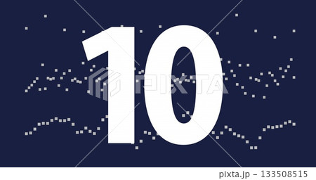 Displaying large white numeral 10 pulsing on dark blue graphic layout, with scattered gray pixels 133508515