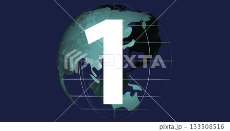 Displaying white numeral 1 overlaying stylized globe in digital graphic, featuring grid lines 133508516