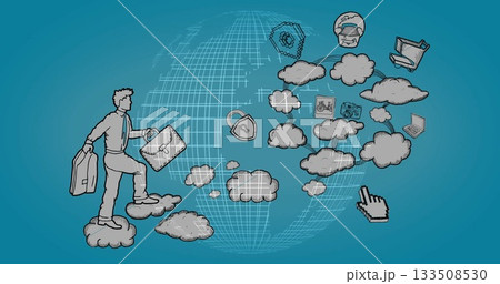 Stepping businessman crossing clouds on cloud platform, with briefcase and padlock icon, copy space Stepping businessman crossing clouds on cloud platform, with briefcase and padlock icon, copy space 133508530