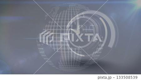 Floating translucent wireframe globe overlaid by clock face in digital backdrop with lens flares 133508539