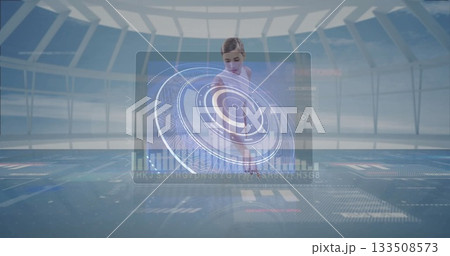 Manipulating woman wearing tech outfit interacting in control facility, with holographic interface Manipulating woman wearing tech outfit interacting in control facility, with holographic interface 133508573