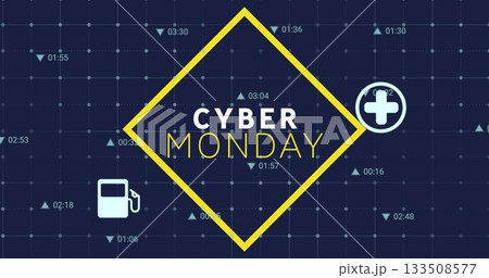 Showing yellow rhombus highlighting CYBER MONDAY on navy banner with pump cross arrow time icons 133508577