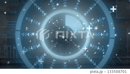 Displaying concentric ring interface radiating arrows and plus icons on screen grid, with circuits 133508701