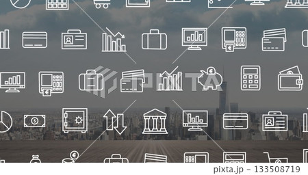 White line finance icons hovering on rooftop terrace, with credit card piggy bank safe icon 133508719