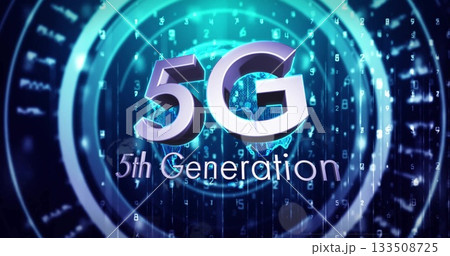 Displaying metallic 5G text showing data flow in network interface, with globe and binary digits 133508725
