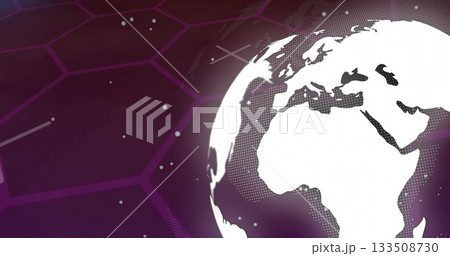 Spinning white globe showing continents in purple tech background, with grid, particles and streaks 133508730