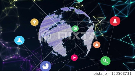 Rotating globe showing grid over neon network lines in dark space, with glowing digital icons 133508731