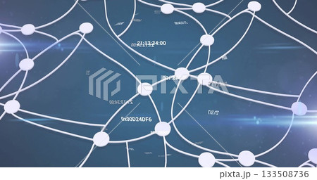 Displaying network with white circular nodes linked by lines in digital interface, floating codes Displaying network with white circular nodes linked by lines in digital interface, floating codes 133508736
