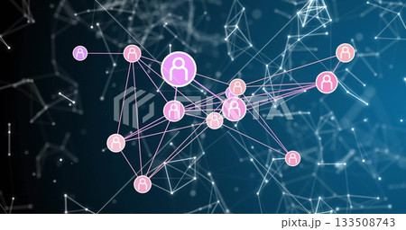 Showing central pink user icon linking purple icons in data network, with glowing nodes, lines 133508743