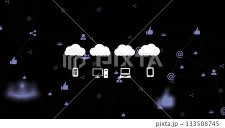 Displaying five cloud icons linking smartphone, desktops, laptop, tablet on grid, with social icons 133508745
