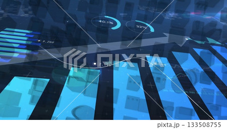 Displaying blue 3D vertical bars with line graph and data points in virtual dashboard, with gauges Displaying blue 3D vertical bars with line graph and data points in virtual dashboard, with gauges 133508755