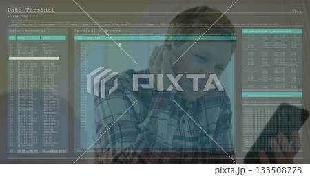 Resting woman wearing plaid shirt holding smartphone and viewing terminal overlay at home, coding 133508773