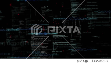 Computer screen displaying layered code snippets with binary sequences and ASCII waves 133508805