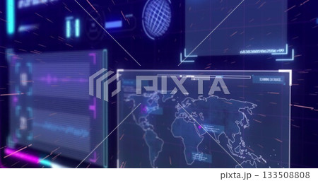 Floating world map panel displaying wireframe globe and SCANNING DATABASE text on HUD Floating world map panel displaying wireframe globe and SCANNING DATABASE text on HUD 133508808