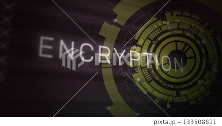 Displaying blurred encryption text glowing over dark grid, with green-yellow circular interface Displaying blurred encryption text glowing over dark grid, with green-yellow circular interface 133508811