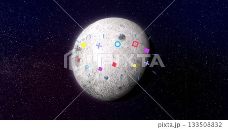 Floating cratered Moon-like sphere rotating in outer space, with colorful geometric shape overlays 133508832