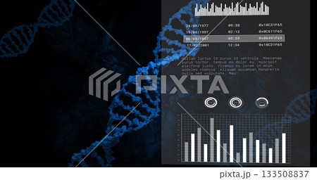Displaying blue DNA helix winding on dark dashboard, with panel showing data list and UI icons Displaying blue DNA helix winding on dark dashboard, with panel showing data list and UI icons 133508837