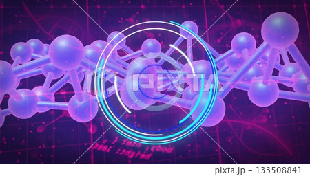 Displaying digital molecule chain with translucent spheres on dark grid, with floating code and HUD Displaying digital molecule chain with translucent spheres on dark grid, with floating code and HUD 133508841