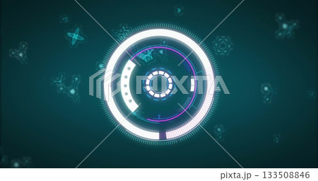 Showing concentric rings and segmented arcs rotating on control panel, with glowing data nodes Showing concentric rings and segmented arcs rotating on control panel, with glowing data nodes 133508846