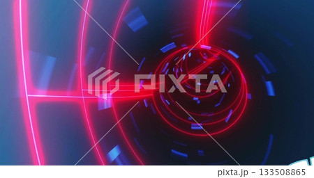 Neon spiral tunnel rotating in tech corridor, with connecting lines, neon rings and blue fragments 133508865