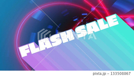 Highlighting flash sale text angling over gradient panel in neon tunnel, with rings and streaks Highlighting flash sale text angling over gradient panel in neon tunnel, with rings and streaks 133508867