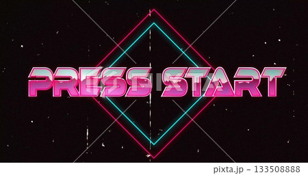 Neon pink PRESS START shining on black screen, with cyan pink diamond outlines and white speckles Neon pink PRESS START shining on black screen, with cyan pink diamond outlines and white speckles 133508888