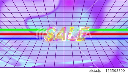 Floating neon SALE letters hovering inside checkered neon grid chamber, with green red blue stripes Floating neon SALE letters hovering inside checkered neon grid chamber, with green red blue stripes 133508890