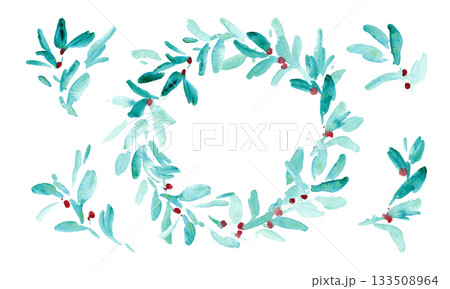 水彩画。水彩タッチのクリスマス植物背景フレーム。ヒイラギのクリスマスフレーム。ベクター化された水彩画 133508964