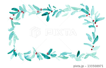 水彩画。水彩タッチのクリスマス植物背景フレーム。ヒイラギのクリスマスフレーム。ベクター化された水彩画 133508971