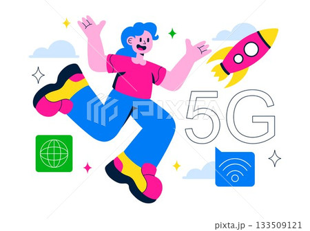 5G Network Connectivity Wireless Technology Vector Illustration Featuring Transmitter Tower Providing High-Speed Mobile Internet Communication 5G Network Connectivity Wireless Technology Vector Illustration Featuring Transmitter Tower Providing High-Speed Mobile Internet Communication 133509121
