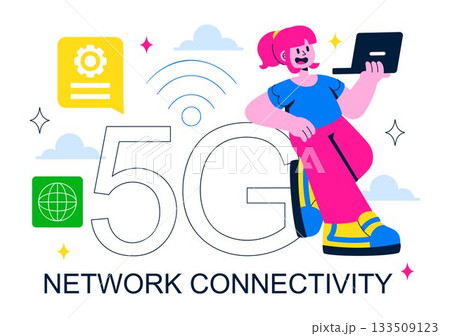 5G Network Connectivity Wireless Technology Vector Illustration Featuring Transmitter Tower Providing High-Speed Mobile Internet Communication 5G Network Connectivity Wireless Technology Vector Illustration Featuring Transmitter Tower Providing High-Speed Mobile Internet Communication 133509123
