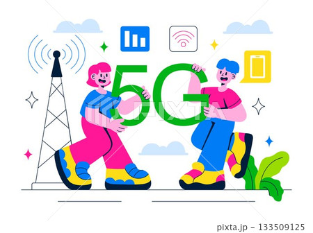 5G Network Connectivity Wireless Technology Vector Illustration Featuring Transmitter Tower Providing High-Speed Mobile Internet Communication 133509125