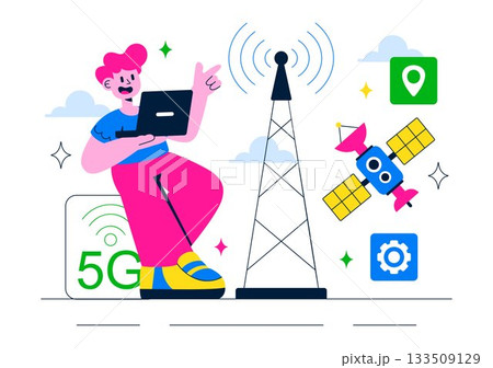 5G Network Connectivity Wireless Technology Vector Illustration Featuring Transmitter Tower Providing High-Speed Mobile Internet Communication 133509129