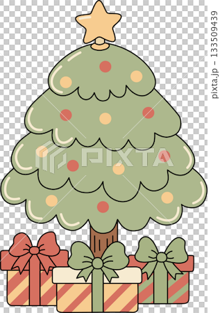 Cute Cartoon Christmas Tree with Presents and Star Topper 133509439