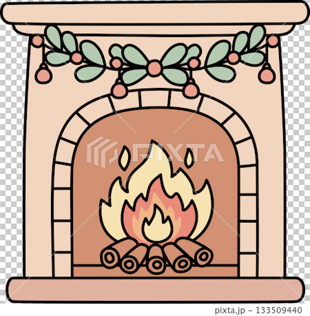 Cozy Christmas Fireplace with Garland Decoration and Burning Logs Cozy Christmas Fireplace with Garland Decoration and Burning Logs 133509440